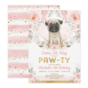 Pink Gold Pug Girls Birthday Puppy Pet Dog Party Invitation