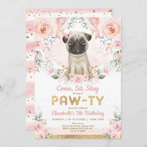 Pink Gold Pug Girls Birthday Puppy Pet Dog Party Invitation