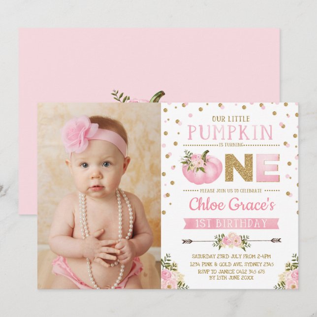 Pink Gold Pumpkin 1st Birthday Invite Autumn Fall (Front/Back)