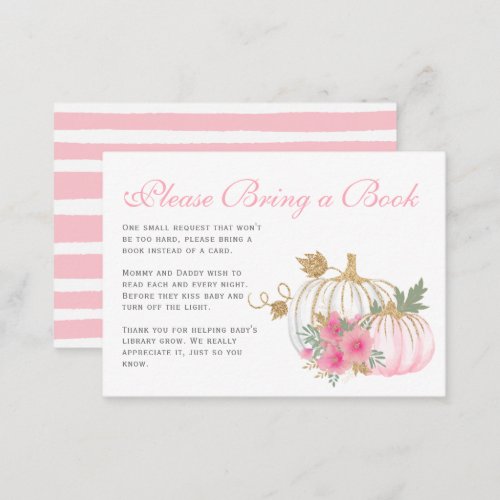 Pink  Gold Pumpkin Baby Shower Bring a Book Enclosure Card
