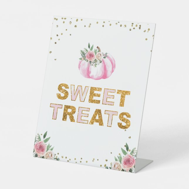 Pink Gold Pumpkin Birthday Sweet Treats Sign (Front)