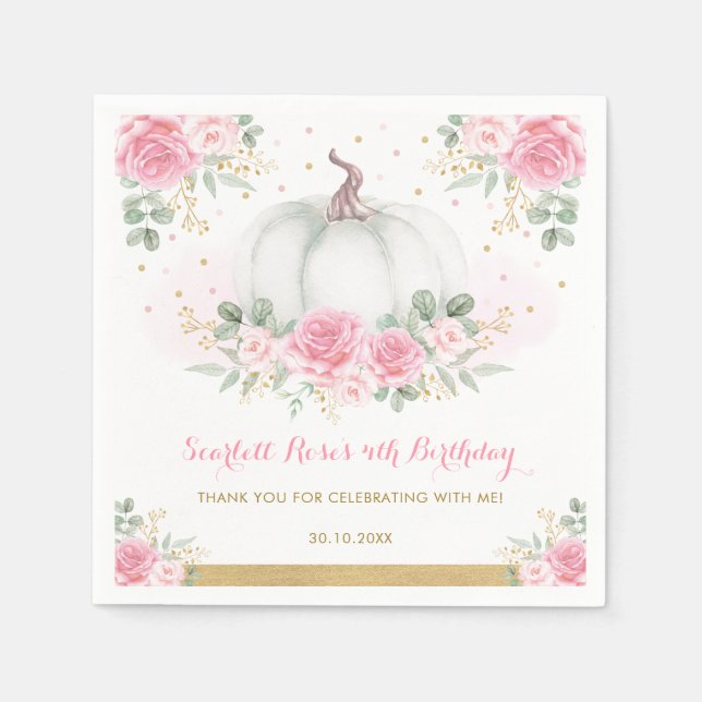 Pink Gold Pumpkin Fall Autumn Floral Baby Shower Napkins (Front)