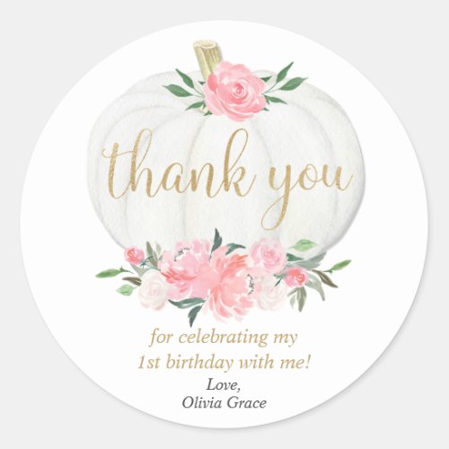 Pink gold pumpkin fall floral birthday party classic round sticker