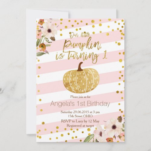 Pink Gold Pumpkin First Birthday Invitation