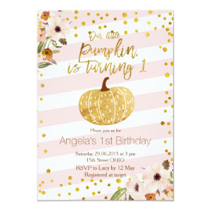 Pink Gold Pumpkin First Birthday Invitation