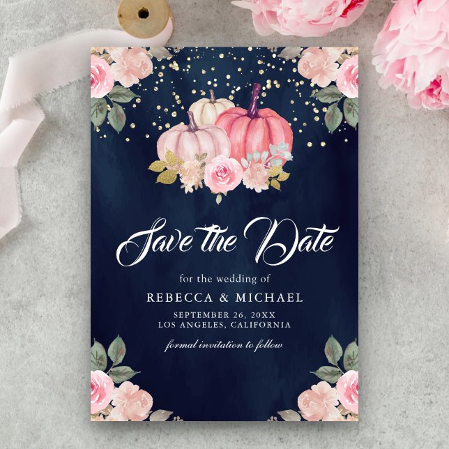 Pink Gold Pumpkin Floral Navy Blue Wedding Save The Date (Creator Uploaded)