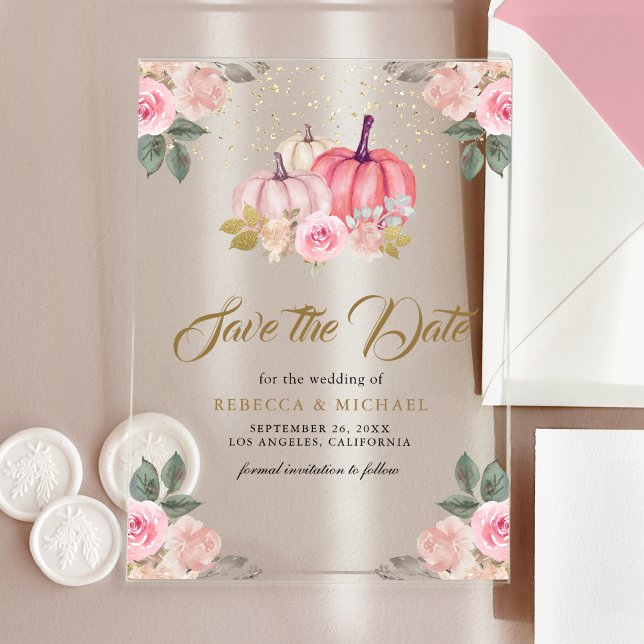 Pink Gold Pumpkin Floral Wedding Save the Date (Creator Uploaded)