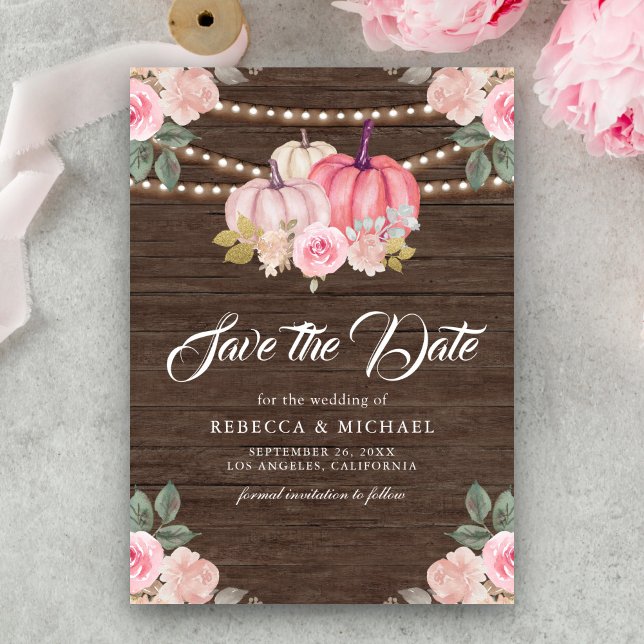 Pink Gold Pumpkin Floral Wood Wedding Save The Date (Creator Uploaded)