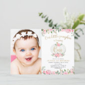 Pink gold pumpkin girl floral 1st birthday photo invitation (Standing Front)