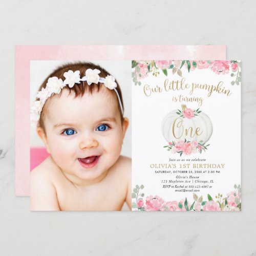 Pink gold pumpkin girl floral 1st birthday photo invitation