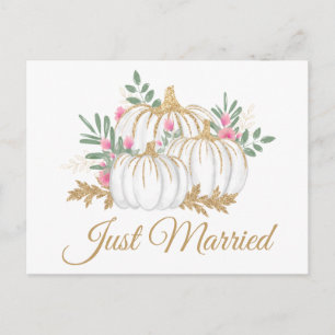 Pink Gold Pumpkin Just Married Fall Wedding Announcement Postcard