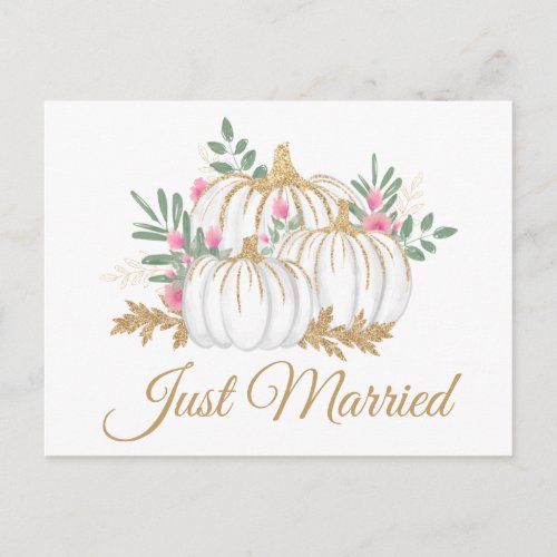 Pink Gold Pumpkin Just Married Fall Wedding Announcement Postcard
