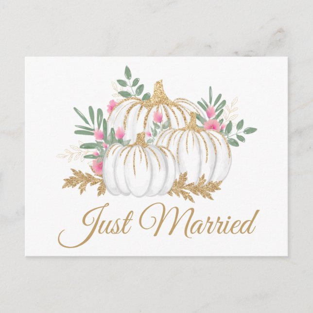Pink Gold Pumpkin Just Married Fall Wedding Announcement Postcard (Front)