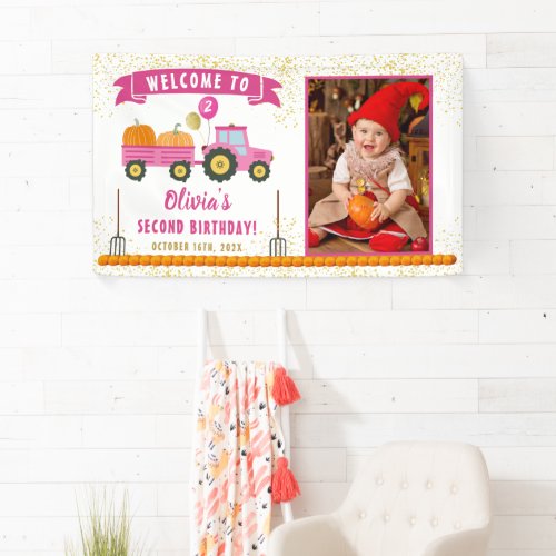 Pink Gold Pumpkin Tractor Birthday Welcome Photo Banner