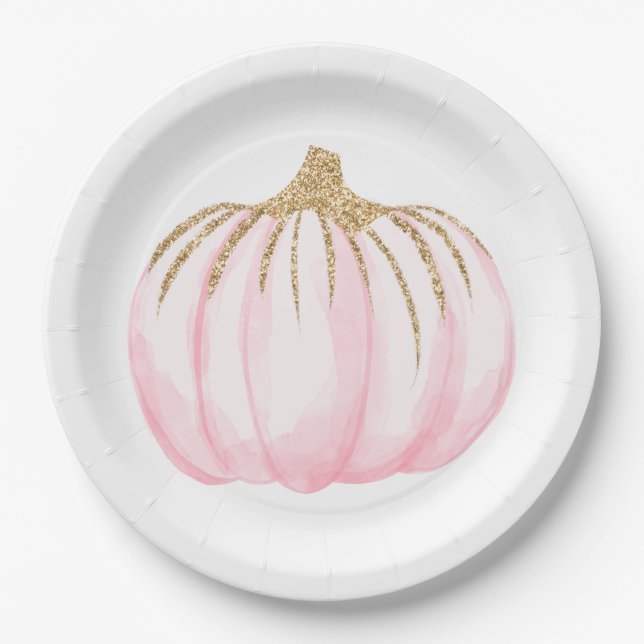 Pink Gold Pumpkins Fall Party Thanksgiving Paper Plates (Front)