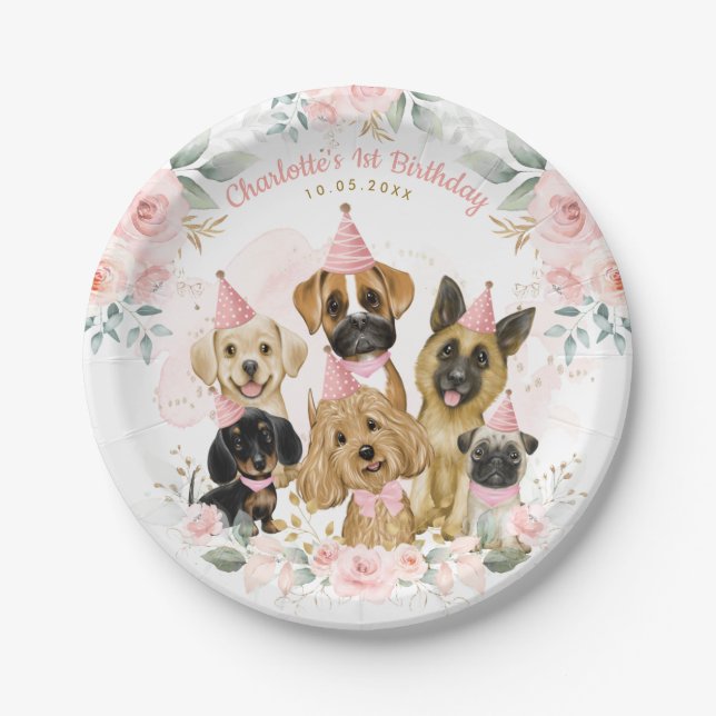Pink Gold Puppy Dogs Girls Birthday Party Favors Paper Plates (Front)