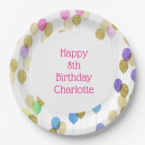 Pink Gold Purple Balloons Birthday Paper Plates