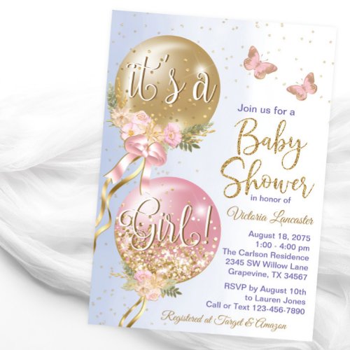 Pink Gold Purple Balloons Butterfly Baby Shower Invitation