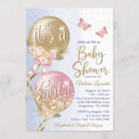 Pink Gold Purple Balloons Butterfly Baby Shower Invitation