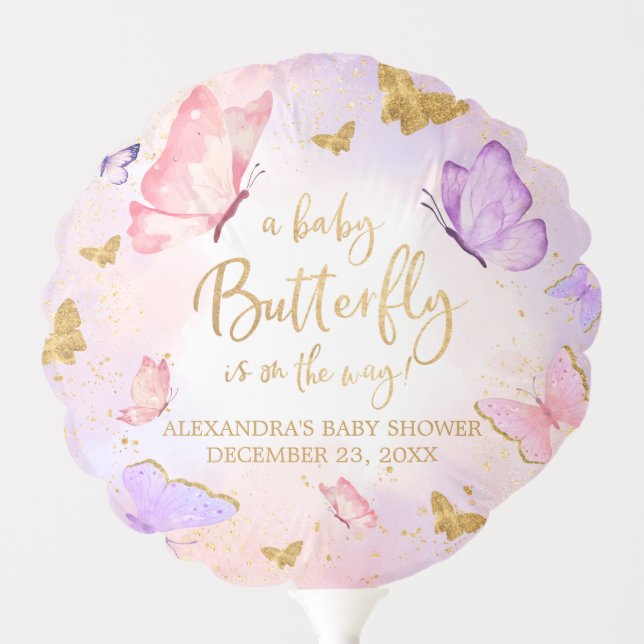 Pink Gold Purple Butterfly Baby Shower Balloon (Front)
