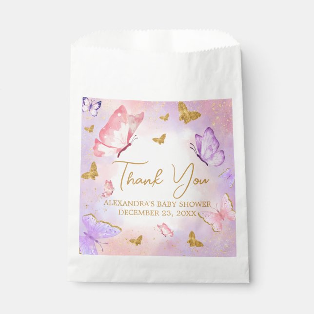 Pink Gold Purple Butterfly Baby Shower Favor Bag (Front)