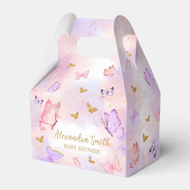 Pink Gold Purple Butterfly Baby Shower Favor Boxes (Front Side)