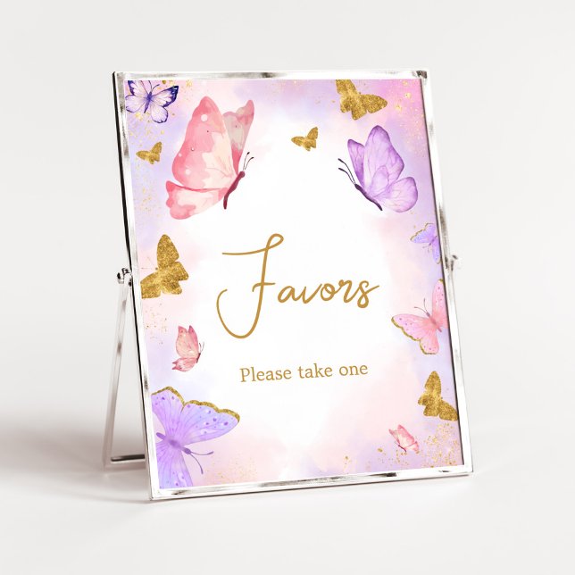 Pink Gold Purple Butterfly Baby Shower Favors Poster (Boho Butterfly Baby Shower Favors Sign)