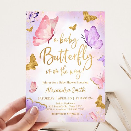 Pink Gold Purple Butterfly Baby Shower Invitation