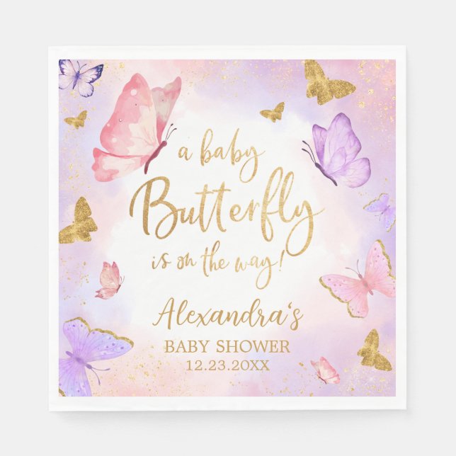 Pink Gold Purple Butterfly Baby Shower Napkins (Front)