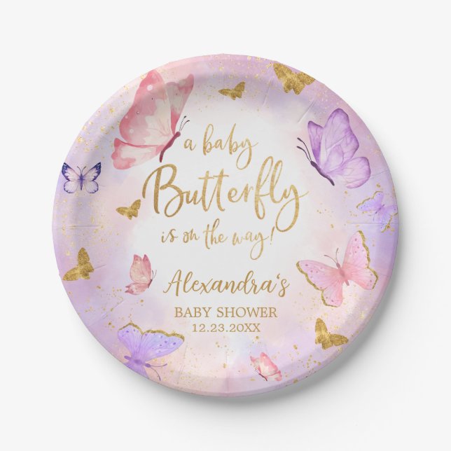 Pink Gold Purple Butterfly Baby Shower Paper Plates (Front)