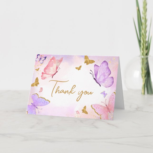 Pink Gold Purple Butterfly Baby Shower Thank You Card (Front)