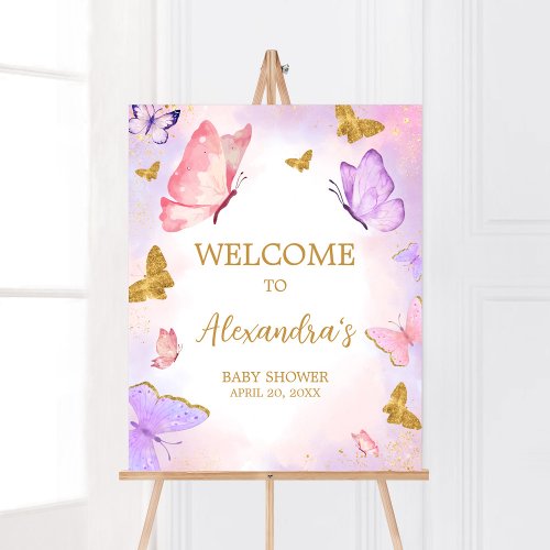 Pink Gold Purple Butterfly Baby Shower Welcome Poster