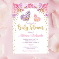 Pink gold purple butterfly girl baby shower invitation