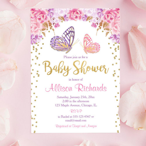 Pink gold purple butterfly girl baby shower