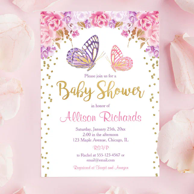 Pink gold purple butterfly girl baby shower invitation | Zazzle