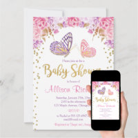 Pink gold purple butterfly girl baby shower invitation