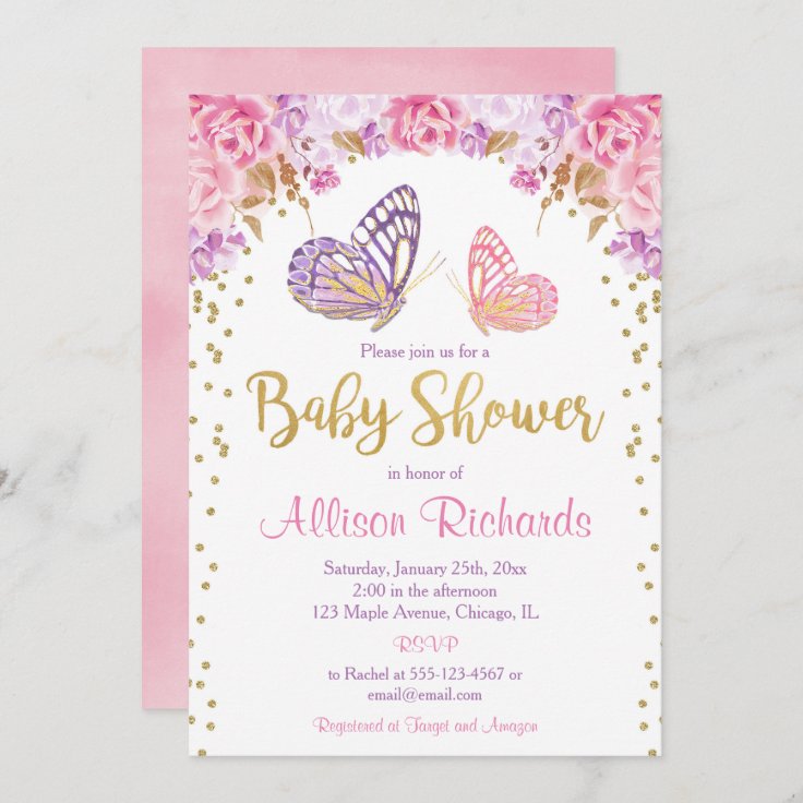 Pink gold purple butterfly girl baby shower invitation | Zazzle