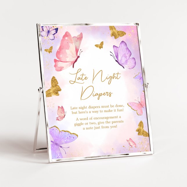 Pink Gold Purple Butterfly Late Night Diapers Poster (Boho Butterfly Baby Shower Late Night Diapers Sign)