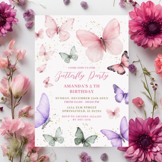 Pink Gold Purple Butterfly Party Birthday Invitation (Creator Uploaded)
