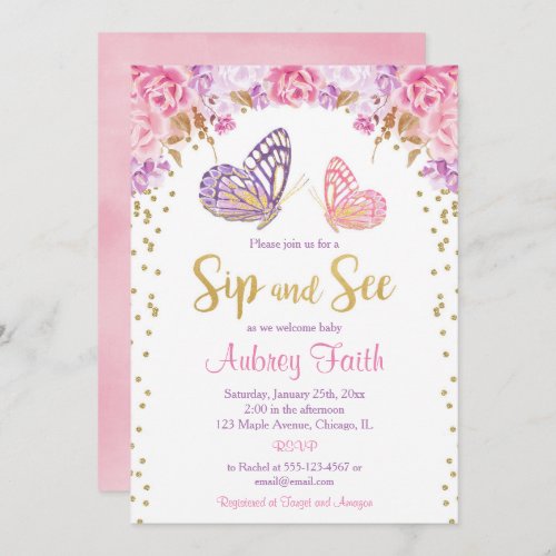 Pink gold purple butterfly sip and see baby girl invitation