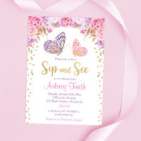 Pink gold purple butterfly sip and see baby girl