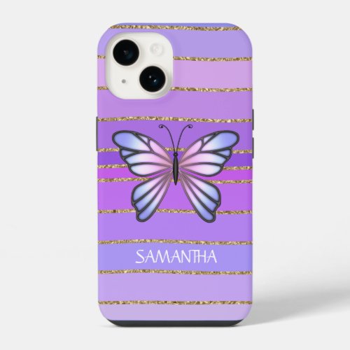 Pink gold purple butterfly stripes girls name iPhone 14 case