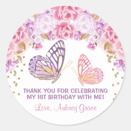Pink gold purple butterfly watercolor birthday classic round sticker