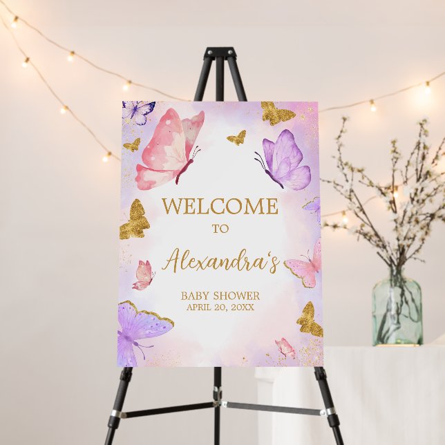 Pink Gold Purple Butterfly Welcome Sign (In Situ (Stand))