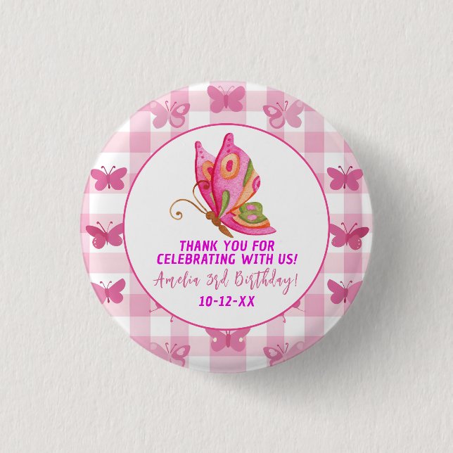 Pink gold purple elegant butterfly girl birthday button (Front)