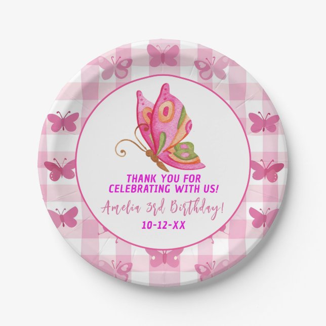 Pink gold purple elegant butterfly girl birthday paper plates (Front)