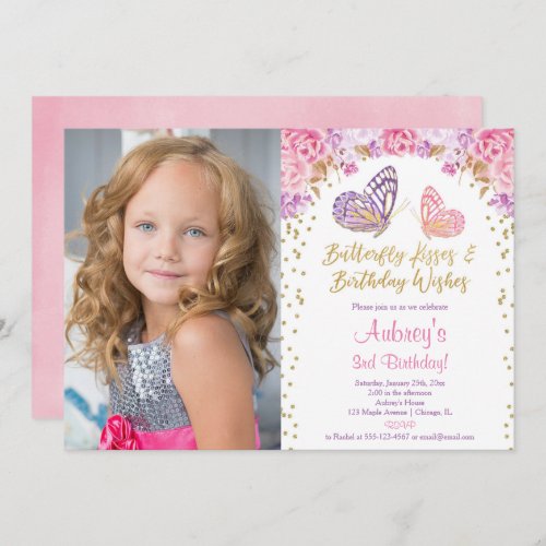 Pink gold purple elegant butterfly photo birthday invitation