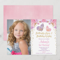 Pink gold purple elegant butterfly photo birthday