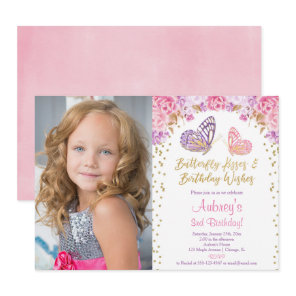 Pink gold purple elegant butterfly photo birthday invitation