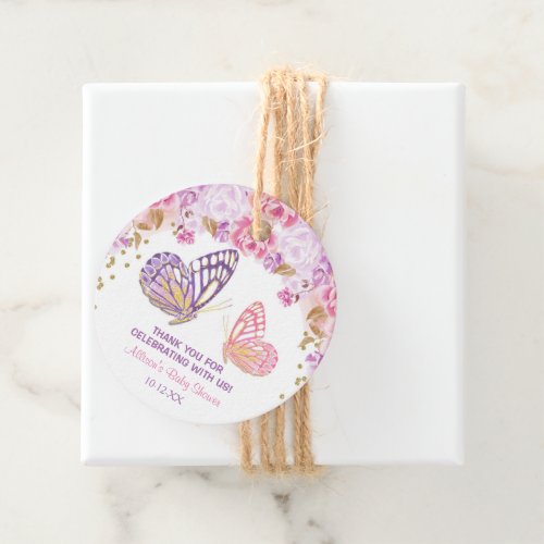 Pink gold purple floral Butterfly baby shower Favor Tags